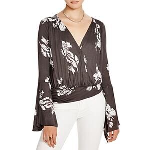 Free People Fiona's Floral Top Womens Medium Coal Combo Bell Sleeves Faux Wrap